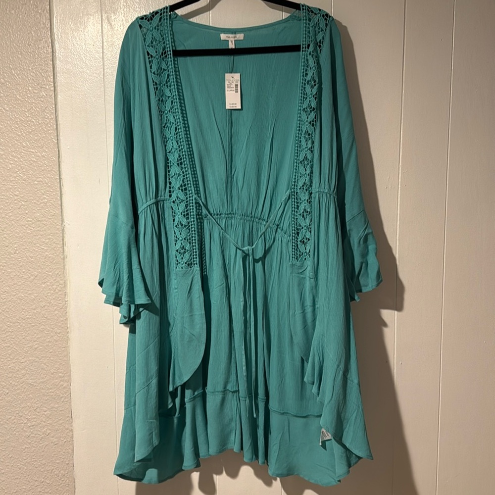 Teal Front Tie Crochet Trim Kimono